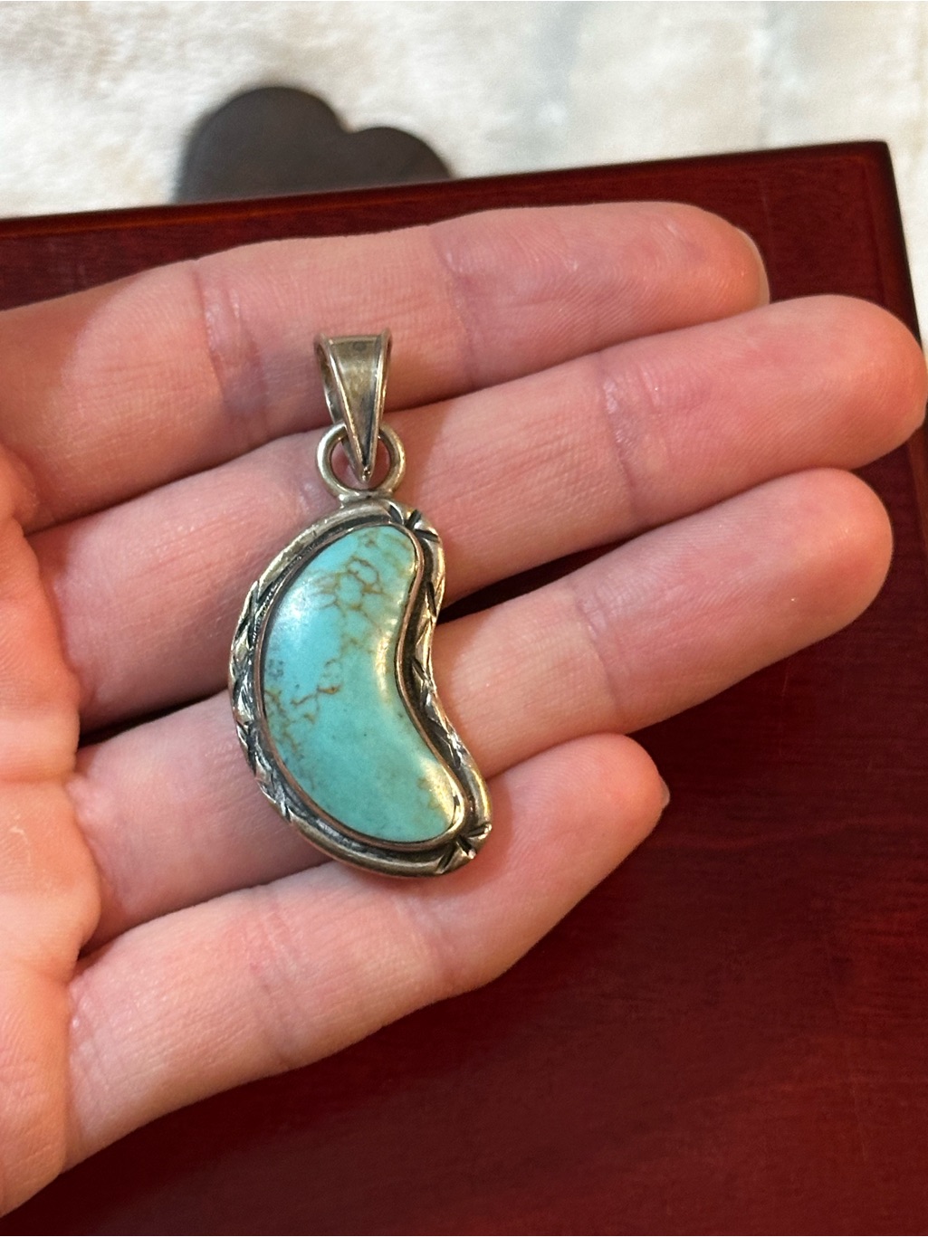 Turquoise Crescent Sterling Pendant - Blue Green Stone
